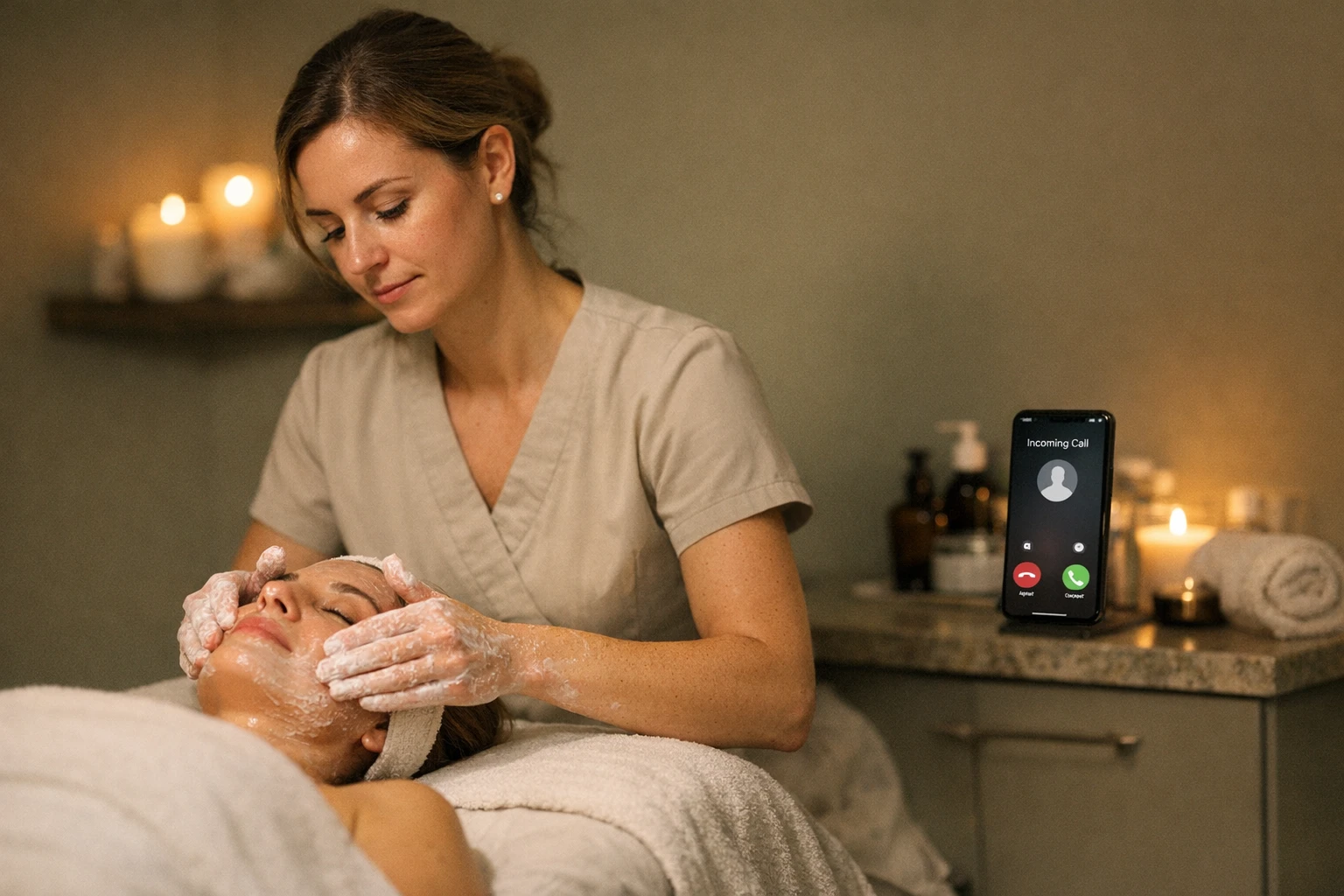 A spa owner mid-treatment with a client, her phone buzzing unanswered on the counter nearby